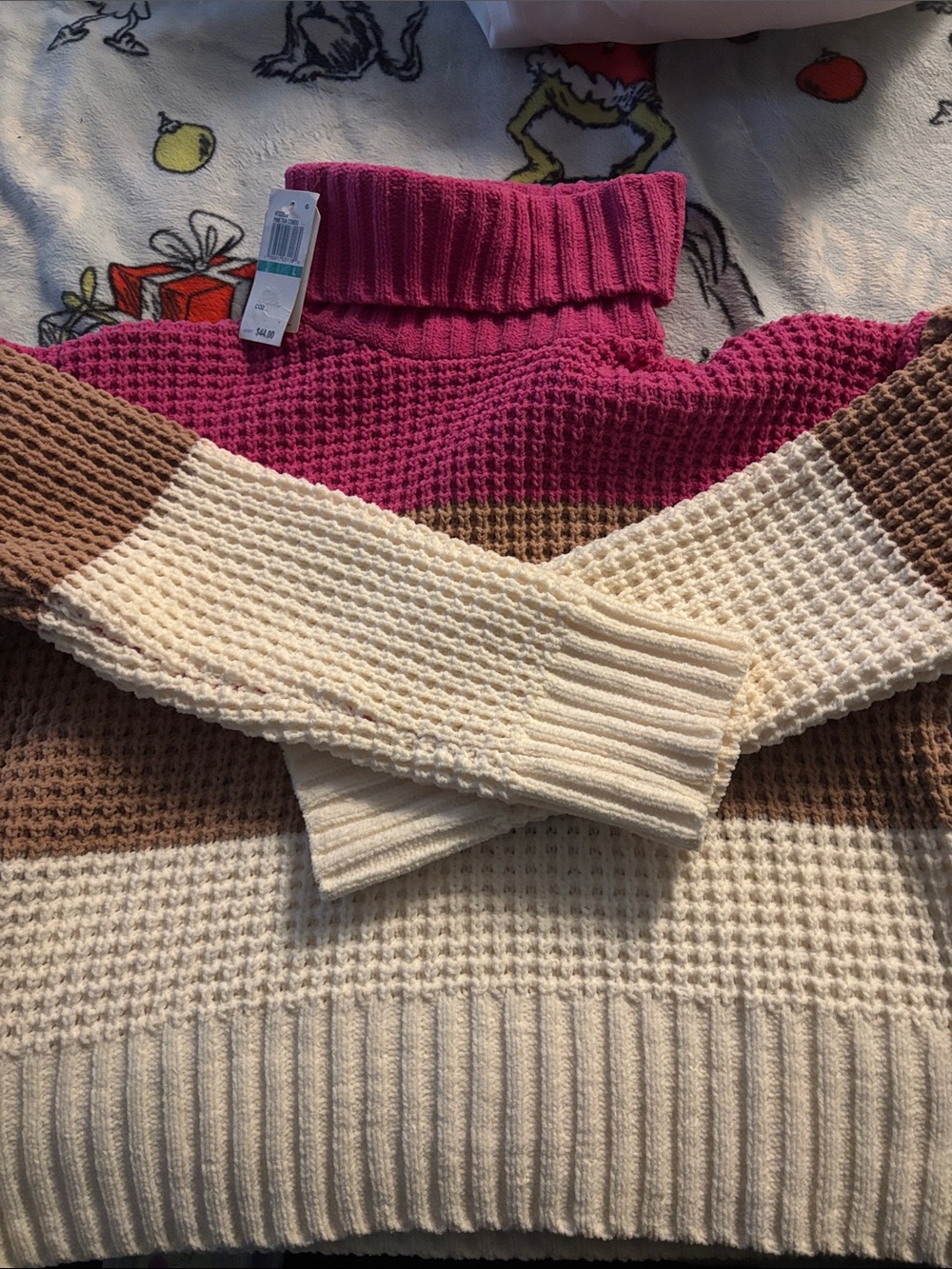 Hippie Rose Colorblock Waffle Turtleneck Sweater in Fuchsia, Cream & Brown